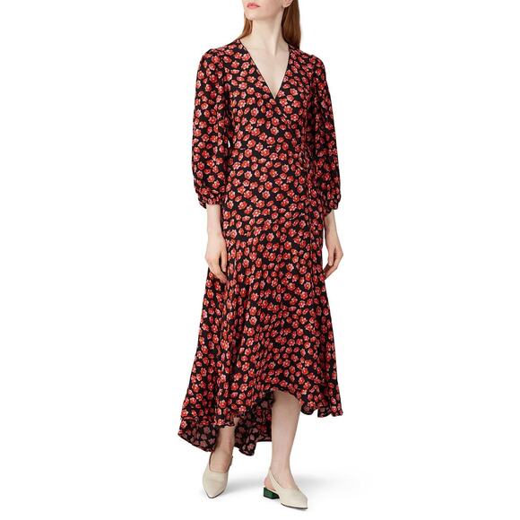 GANNI Red Black Floral Wrap Puff Sleeves V-Neckline Midi Dress size 36 - Picture 4 of 16